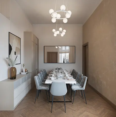 Jadalnia w stylach art deco, glamour, soft minimalizm i tradycyjny z białym stołem.