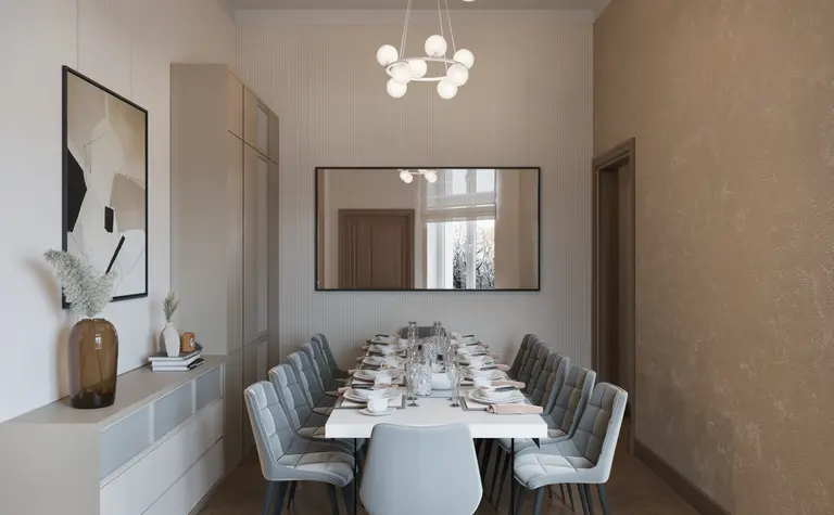 Jadalnia w stylach art deco, glamour, soft minimalizm i tradycyjny z białym stołem.