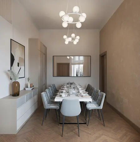 Jadalnia w stylach art deco, glamour, soft minimalizm i tradycyjny z białym stołem.