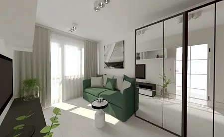 Wnętrze salonu z zieloną sofą, białymi poduszkami i dużymi oknami.