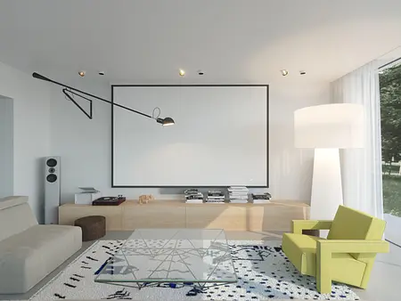 Wnętrze salonu w stylu dopamine decor z eklektycznymi elementami.
