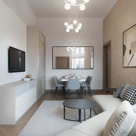 Wnętrze salonu w stylu art deco i glamour z jasnymi meblami.