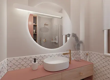 Wnętrze łazienki z różowymi meblami, złotymi akcentami i płytkami w stylu boho oraz minimalizm.
