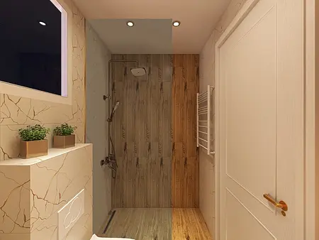Eklektyczna łazienka z drewnianym wykończeniem i minimalistycznymi detalami.