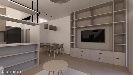 Nowoczesny salon z minimalistycznym wystrojem, jasnymi meblami i drewnianymi detalami.