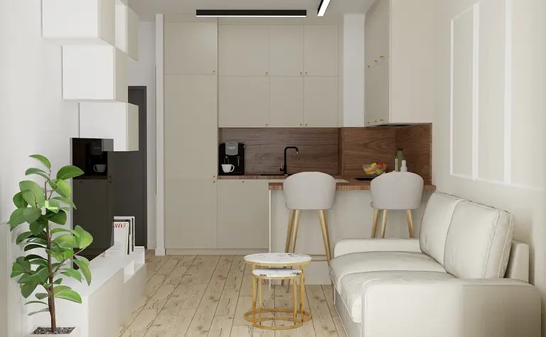 Wnętrze kuchni w stylu minimalistycznym z beżowymi meblami i drewnianym blatem.