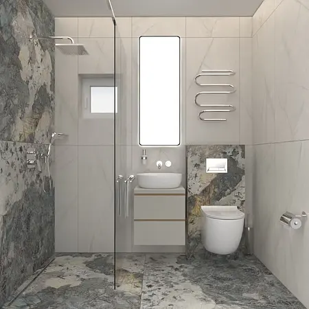 Wnętrze łazienki w stylu dopamine decor i minimalistycznym z marmurowymi elementami.