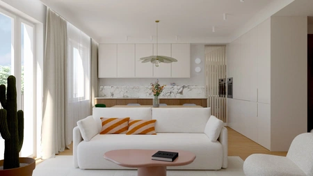 Wnętrze salonu z elementami art deco i vintage, soft minimalizm