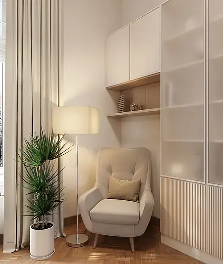 Wnętrze łazienki z drewnianą szafką, okrągłym lustrem oraz nowoczesnymi detalami w stylu industrialnym, minimalistycznym i współczesnym.