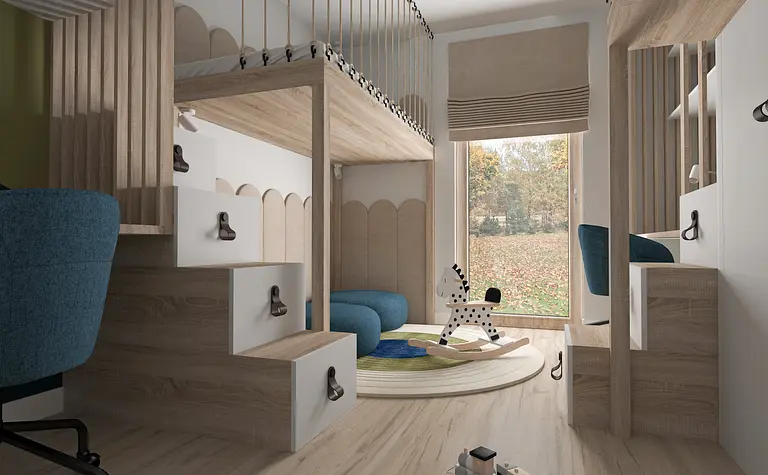 Wnętrze pokoju dla dzieci z drewnianymi meblami, niebieskimi akcentami i elementami dopamine decor.
