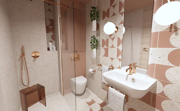 Nowoczesna łazienka z różowymi płytkami i złotymi elementami, styl art deco i glamour.
