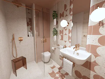 Nowoczesna łazienka z różowymi płytkami i złotymi elementami, styl art deco i glamour.