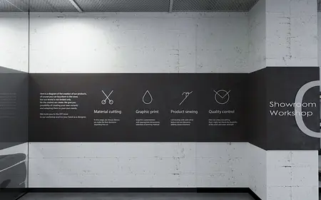 Wnętrze warsztatu z minimalistycznym i nowoczesnym designem, szare ściany, czarne elementy.
