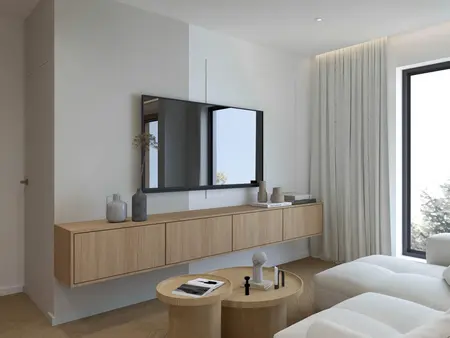 Minimalistyczny salon w stylu japandi z drewnianymi akcentami i dużym lustrem