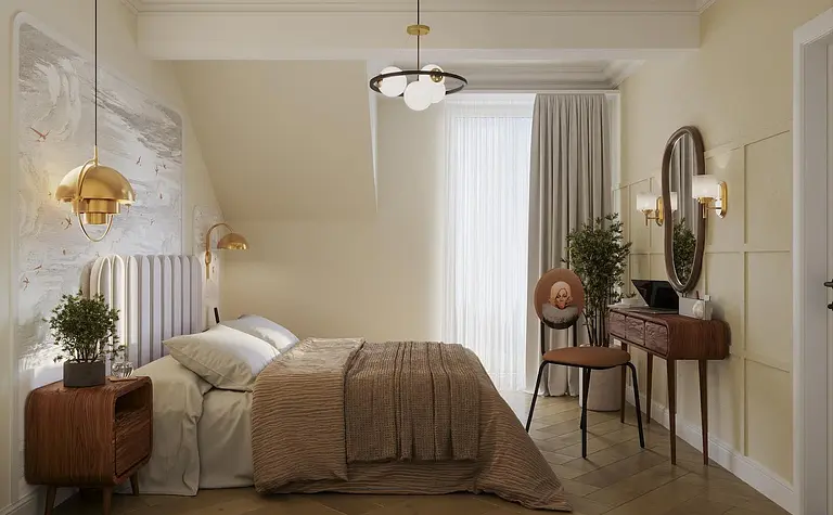 Sypialnia w stylu art deco i eklektycznym z beżowym łóżkiem i drewnianym biurkiem