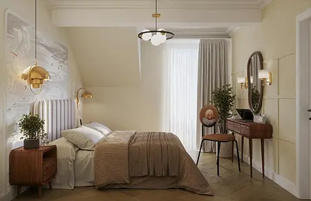 Sypialnia w stylu art deco i eklektycznym z beżowym łóżkiem i drewnianym biurkiem