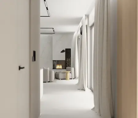 Wnętrze salonu z nowoczesnym kominkiem, jasnymi meblami i zasłonami w stylu quiet luxury.