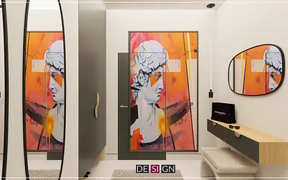 Przedpokój z kolorowym sztuką i nowoczesnym wystrojem w stylu boho i eklektycznym.