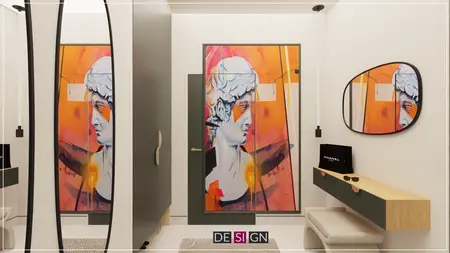 Przedpokój z kolorowym sztuką i nowoczesnym wystrojem w stylu boho i eklektycznym.