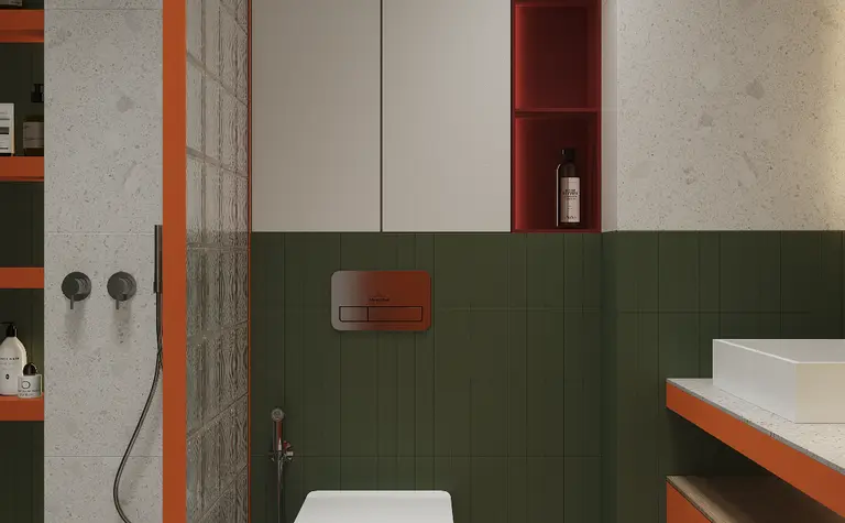 Nowoczesna łazienka w stylu art deco z elementami vintage i glamour.