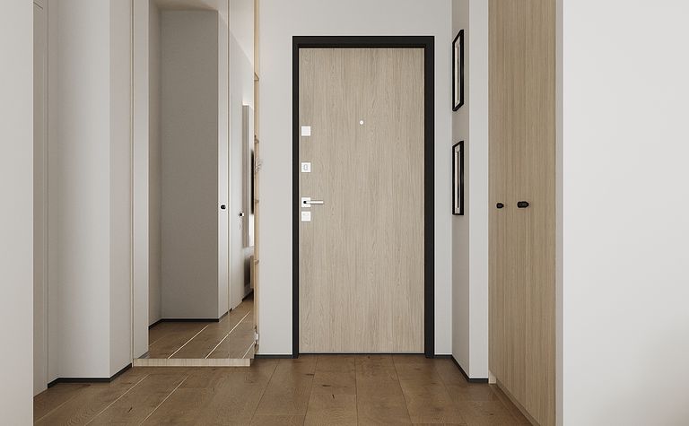 Przedpokój w stylach industrialnym, japandi, minimalistycznym i nowoczesnym z drewnianą podłogą.