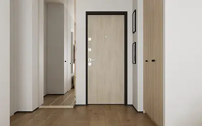 Przedpokój w stylach industrialnym, japandi, minimalistycznym i nowoczesnym z drewnianą podłogą.