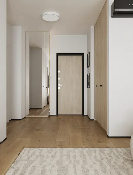 Przedpokój w stylach industrialnym, japandi, minimalistycznym i nowoczesnym z drewnianą podłogą.