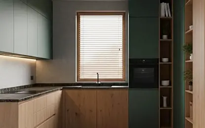 Kuchnia minimalistyczna z nowoczesnymi drewnianymi meblami i współczesnymi akcentami.