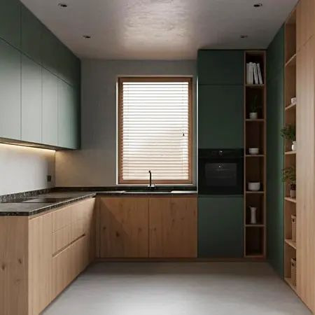 Kuchnia minimalistyczna z nowoczesnymi drewnianymi meblami i współczesnymi akcentami.