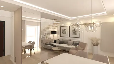 Wnętrze salonu z nowoczesnym oświetleniem glamour i eleganckimi dodatkami.