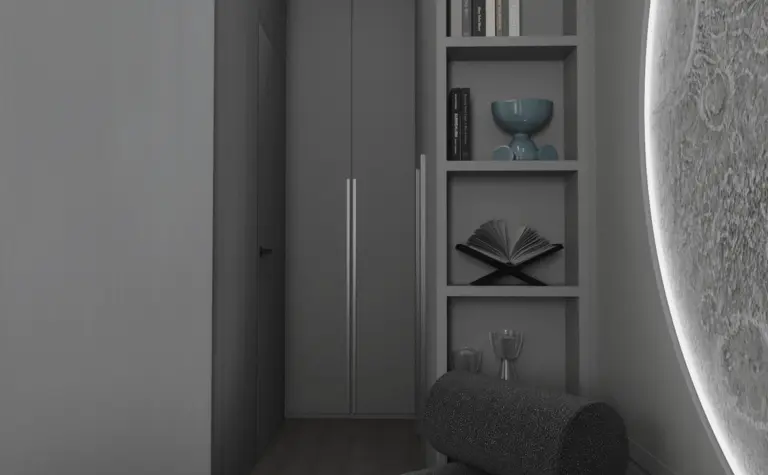 Minimalistyczne wnętrze z szarymi meblami i skandynawskim akcentem.