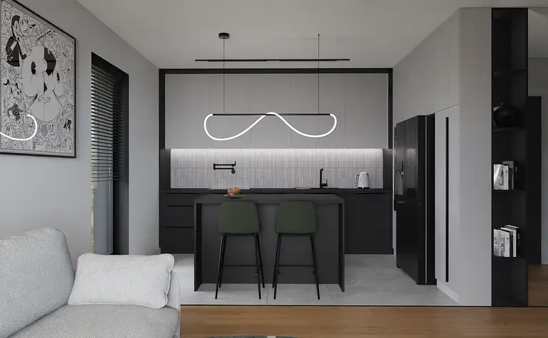 Minimalistyczna kuchnia z czarnymi meblami, szarym blatem i nowoczesnym oświetleniem.