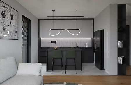 Minimalistyczna kuchnia z czarnymi meblami, szarym blatem i nowoczesnym oświetleniem.