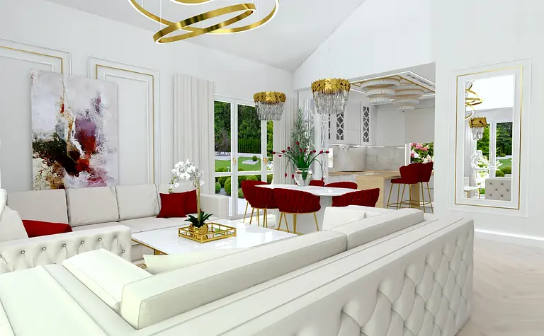 Wnętrze salonu w stylu glamour z białymi meblami i czerwonymi dodatkami.