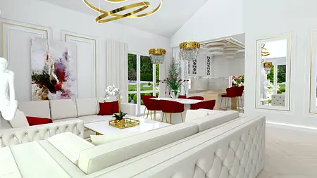 Wnętrze salonu w stylu glamour z białymi meblami i czerwonymi dodatkami.