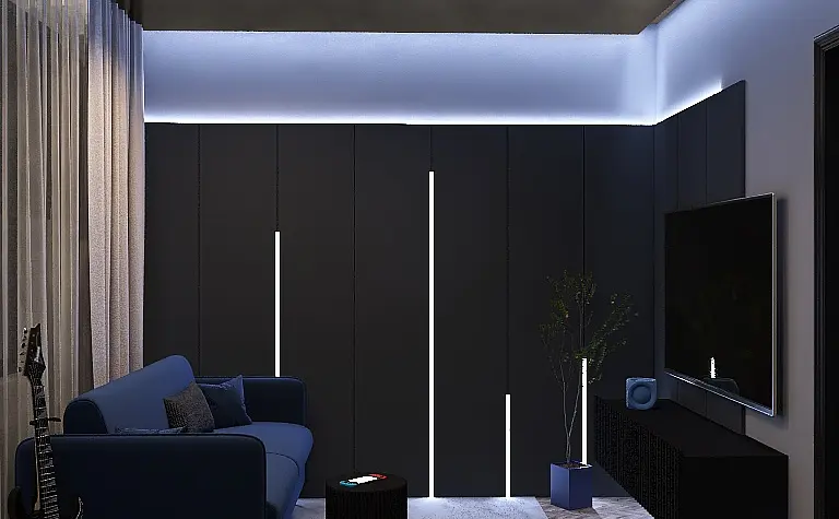 Nowoczesny salon z niebieską sofą, czarnymi meblami i oświetleniem LED.