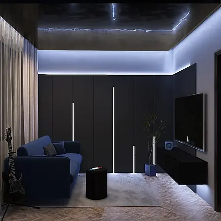 Nowoczesny salon z niebieską sofą, czarnymi meblami i oświetleniem LED.