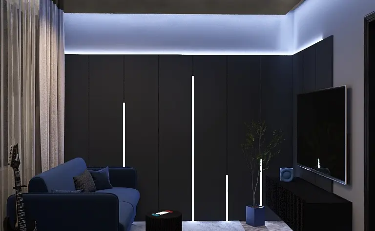 Nowoczesny salon z niebieską sofą, czarnymi meblami i oświetleniem LED.