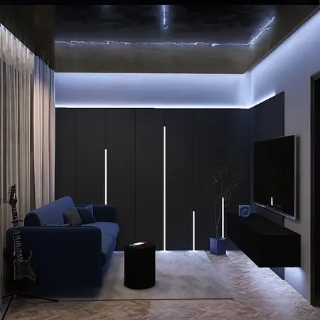 Nowoczesny salon z niebieską sofą, czarnymi meblami i oświetleniem LED.