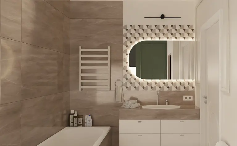 Wnętrze łazienki z brązowymi płytkami, wanną i minimalistycznym designem