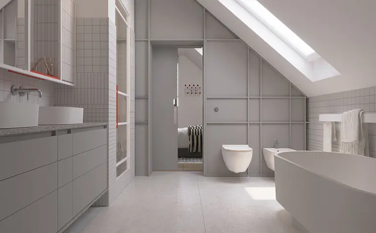 Wnętrze łazienki z dużą wanną, nowoczesnymi akcesoriami i szarymi płytkami. Styl: dopamine decor, eklektyczny, współczesny.