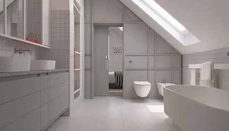 Wnętrze łazienki z dużą wanną, nowoczesnymi akcesoriami i szarymi płytkami. Styl: dopamine decor, eklektyczny, współczesny.