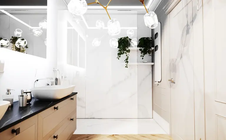 Nowoczesna łazienka z elementami glamour i quiet luxury, z białymi meblami i roślinami.