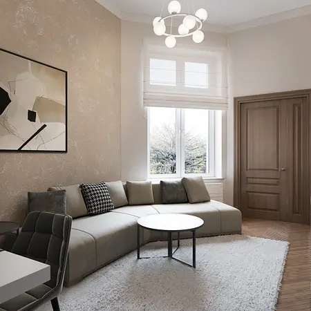 Wnętrze salonu w stylu art deco z kanapą i białym stolikiem.