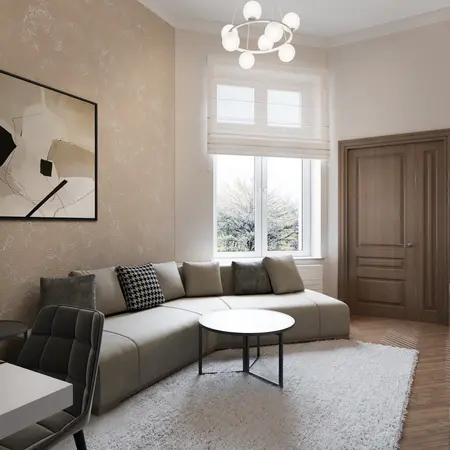 Wnętrze salonu w stylu art deco z kanapą i białym stolikiem.
