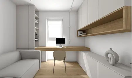 Wnętrze gabinetu z minimalistycznym biurkiem, szarymi meblami i nowoczesnym stylem.