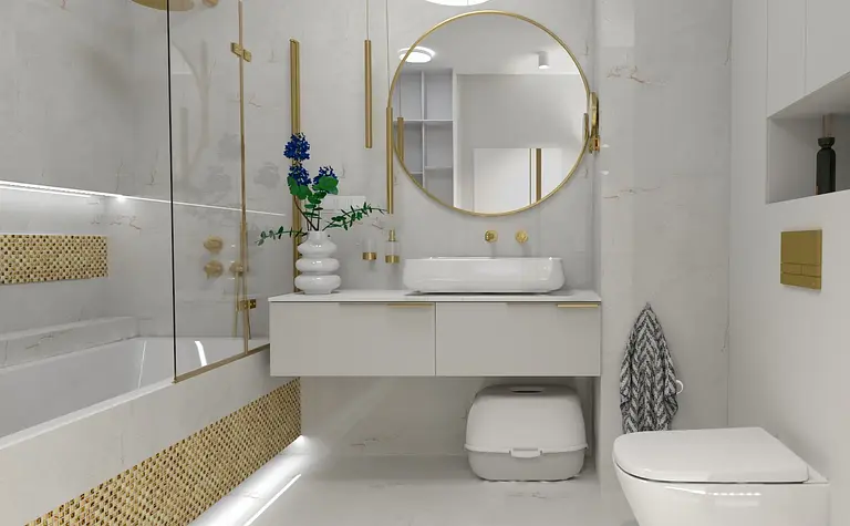 Nowoczesna łazienka w stylu glamour z białą umywalką i złotymi detalami.