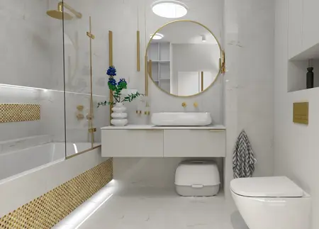 Nowoczesna łazienka w stylu glamour z białą umywalką i złotymi detalami.