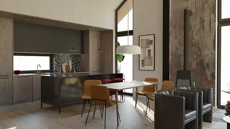Wnętrze kuchni w stylu eklektycznym z nowoczesnymi meblami i elementami soft minimalizmu.