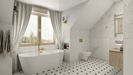 Wnętrze łazienki w stylu eklektycznym i rustykalnym z wanną oraz drewnianymi akcentami.